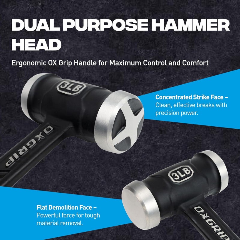 Ox Pro Ultrastrike 3lb Sledge Hammer with Vibration Dampening Bridged Neck and Ergonomic Non-Slip Grip - Ultimate Durability with One Piece Steel Club Hammer -P086803 Heavy Duty Sledge Hammer - Image 5